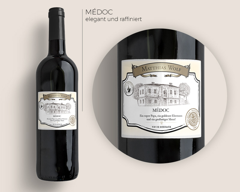 Wein Geschenk Box - Dekantierset Sommelier Set, 4 Weinzubehör und 1 personalisierbare Rotweinflasche Bordeaux aus Frankreich