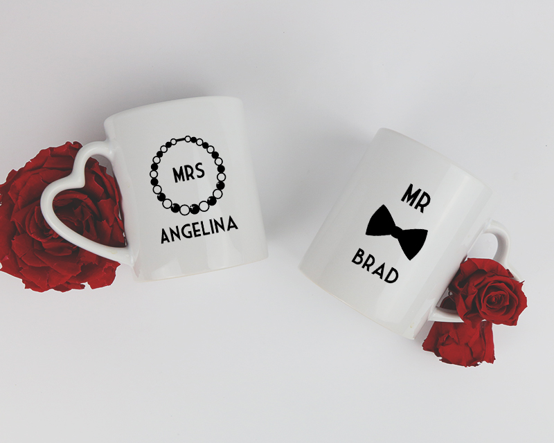 2er-Set personalisierbare Tassen Herzen - Mr & Mrs