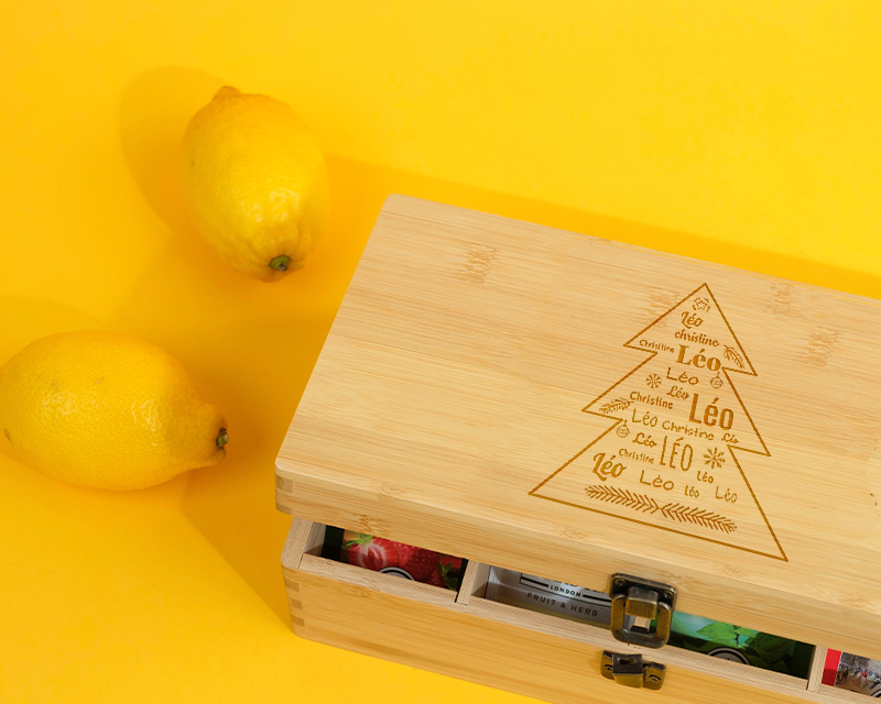 Personalisierbare Teebox Kollektion Tannenbaum Familie