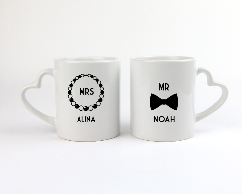 2er-Set personalisierbare Tassen Herzen - Mr & Mrs